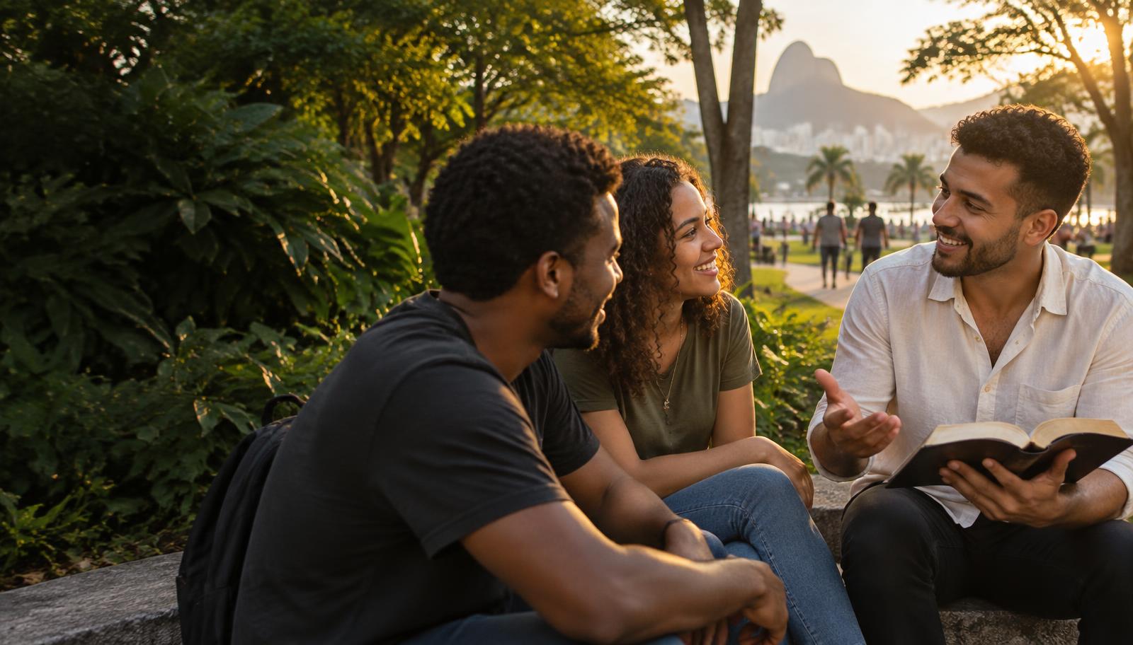 Pessoas conversando e compartilhando a Bíblia em um parque